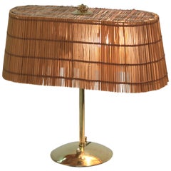 Table Lamp, Brass, Shade made of Wooden Splints, Lasipaino Oy , Finland, 1940s.